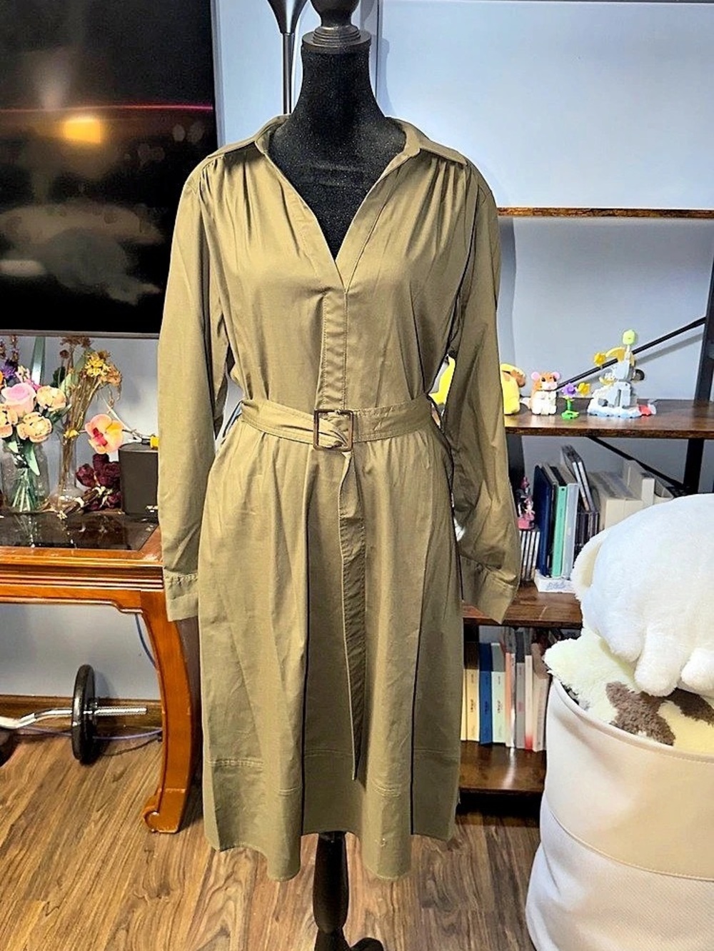 Calvin Klein Long Sleeve Belted Midi Shirt Dress Green Size 12